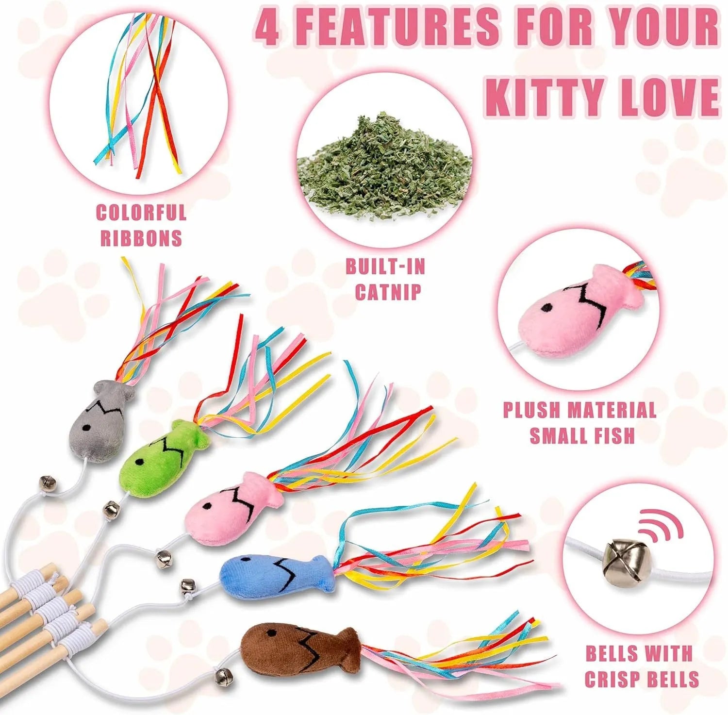 Colourful cat wand toy with ribbons, catnip fish, and bell on wooden handle