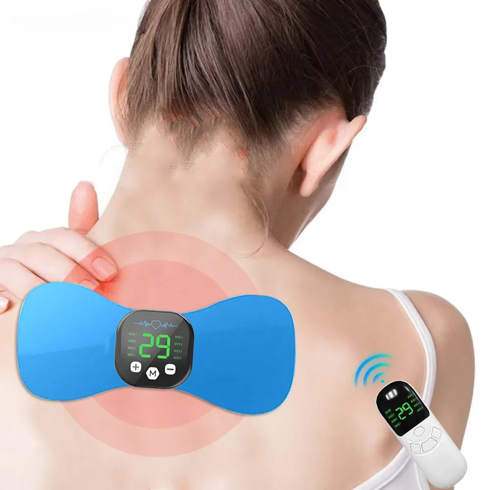 Blue cervical pulse massage pad with remote control and USB cable for EMS electrotherapy neck relief