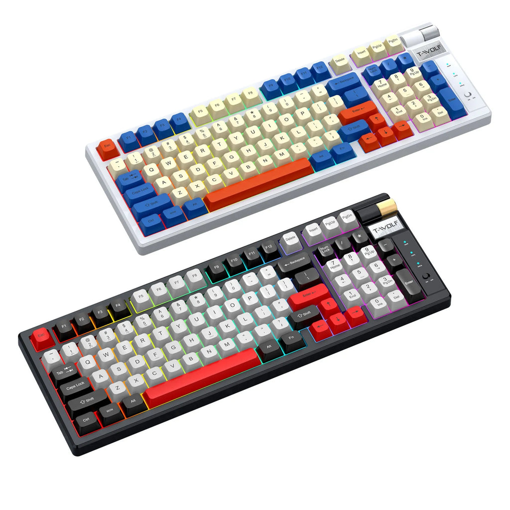 Wireless Bluetooth gaming mechanical keyboard with ABS ABS plastic keys, black and red colour, compact desk layout
