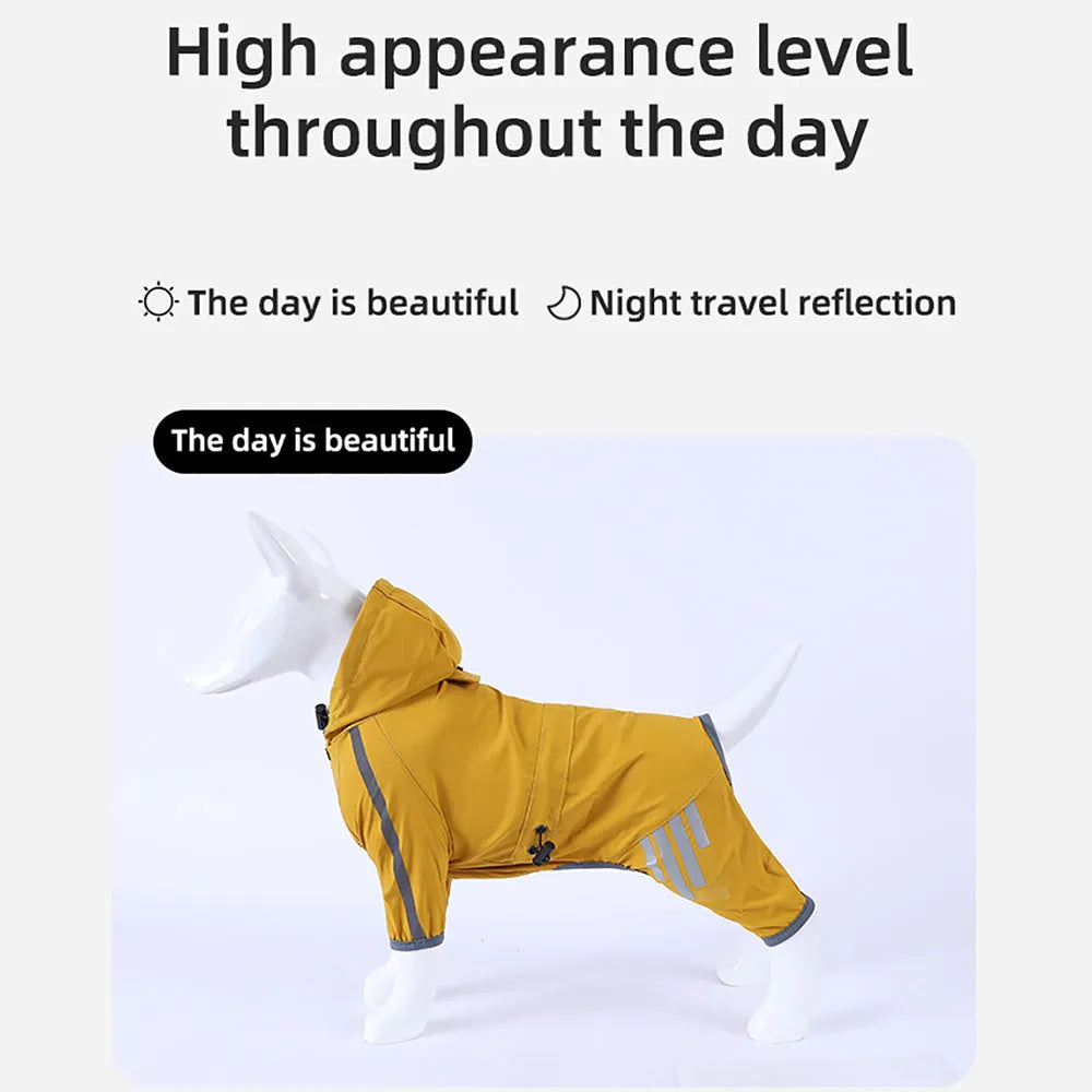 Waterproof dog raincoat with hood, reflective strips, and four-leg design on a small dog