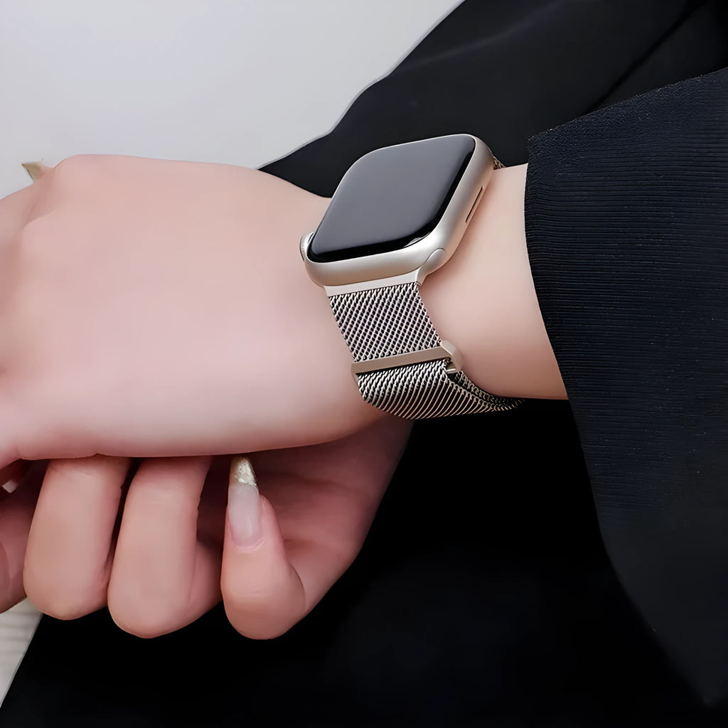 Metal stainless steel watch band for iWatch, starlight colour, 42/44/45/49mm size, metal links on white background
