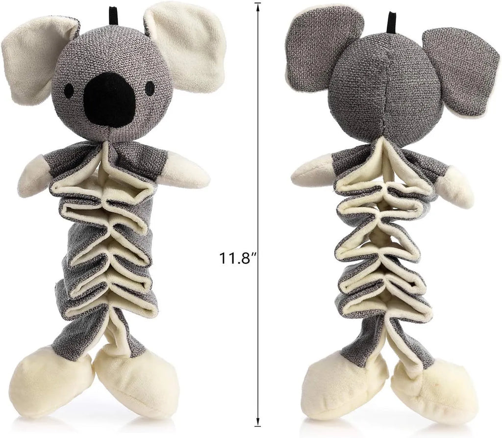 Grey koala dog toy with squeaker measuring 30cm from head to foot