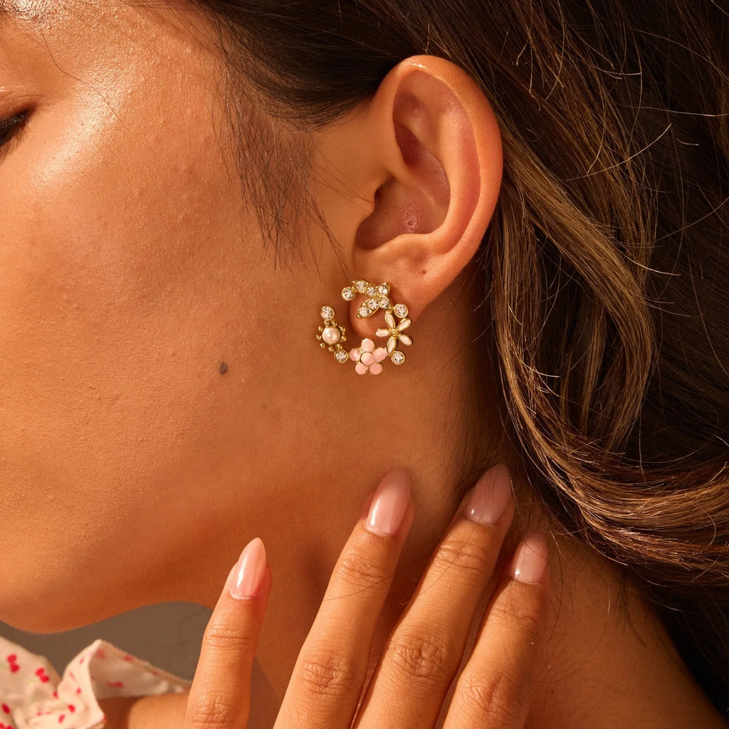 Colourful flower stud earrings with petal design on stainless steel with 18K gold electroplating