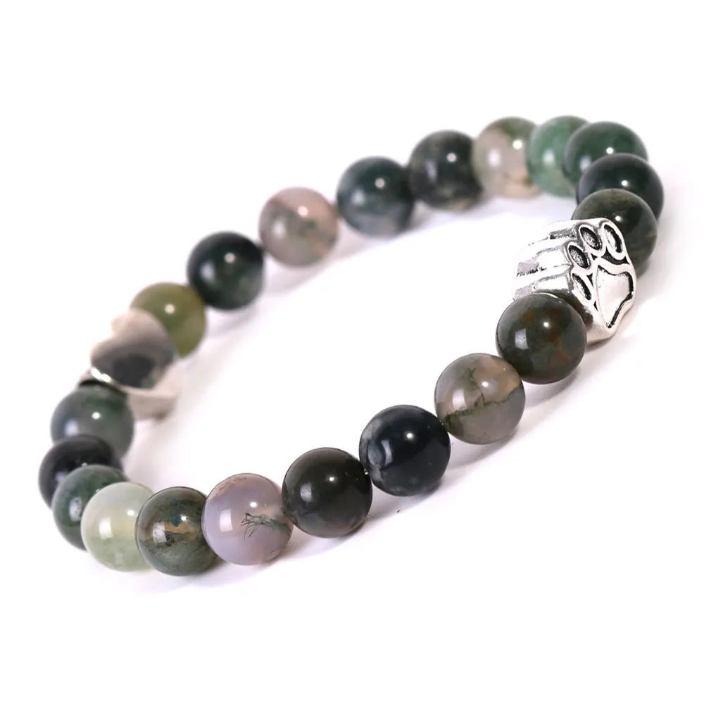 Tigereye and Indian agate stone bead bracelet with dog paw and love heart geometric charms