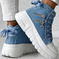 Women's muffin heel sneakers with side zipper and lace-up in denim blue colour option