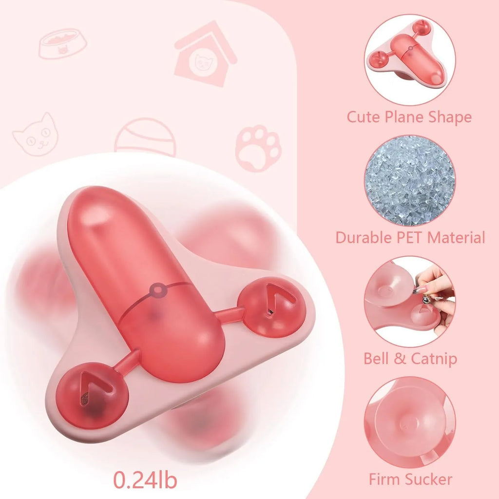 Interactive pet puzzle toy with suction cup base, central snack compartment, bell, and catnip insert