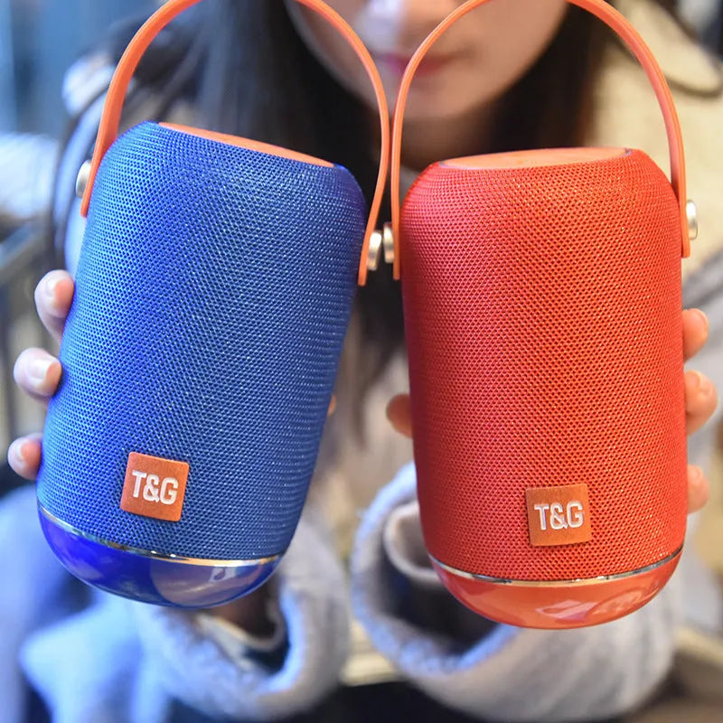 TG107 fabric wireless Bluetooth portable speaker in blue orange pattern, 99mm size, 10W output