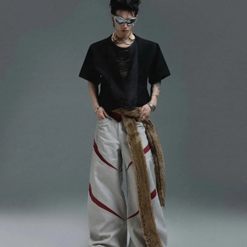 Black loose fit men's V-neck polyester T-shirt with short sleeves and tassel detailing