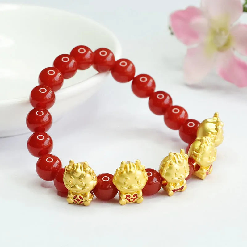Chinese style red agate bracelet with five blessing dragon design and adjustable closure