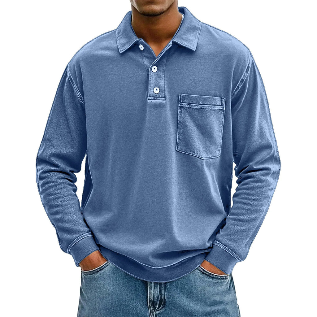 Men's 3D digital print pullover polo shirt with patch pocket in blue, model front view, loose fit polyester top