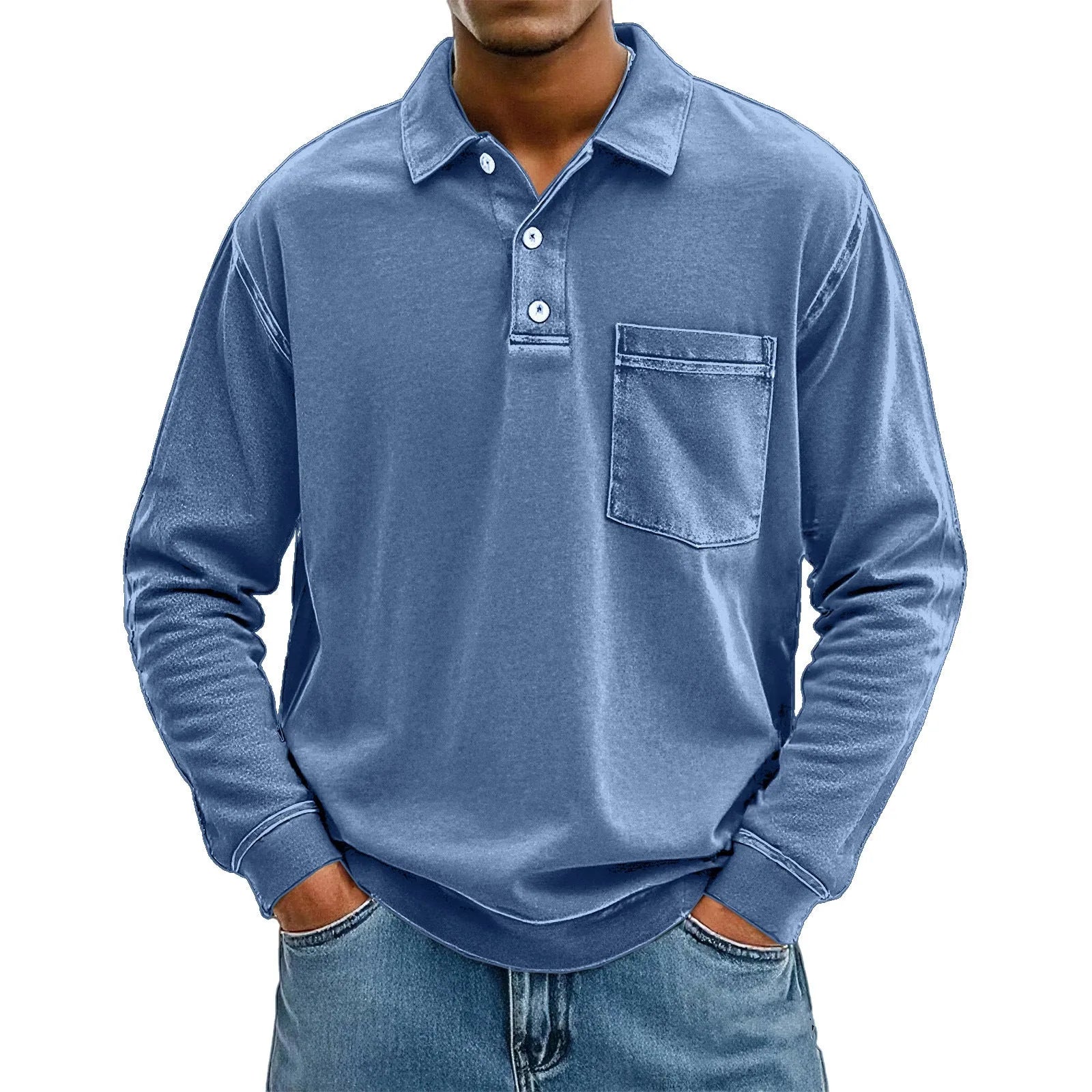 Men's 3D digital print pullover polo shirt with patch pocket in blue, model front view, loose fit polyester top