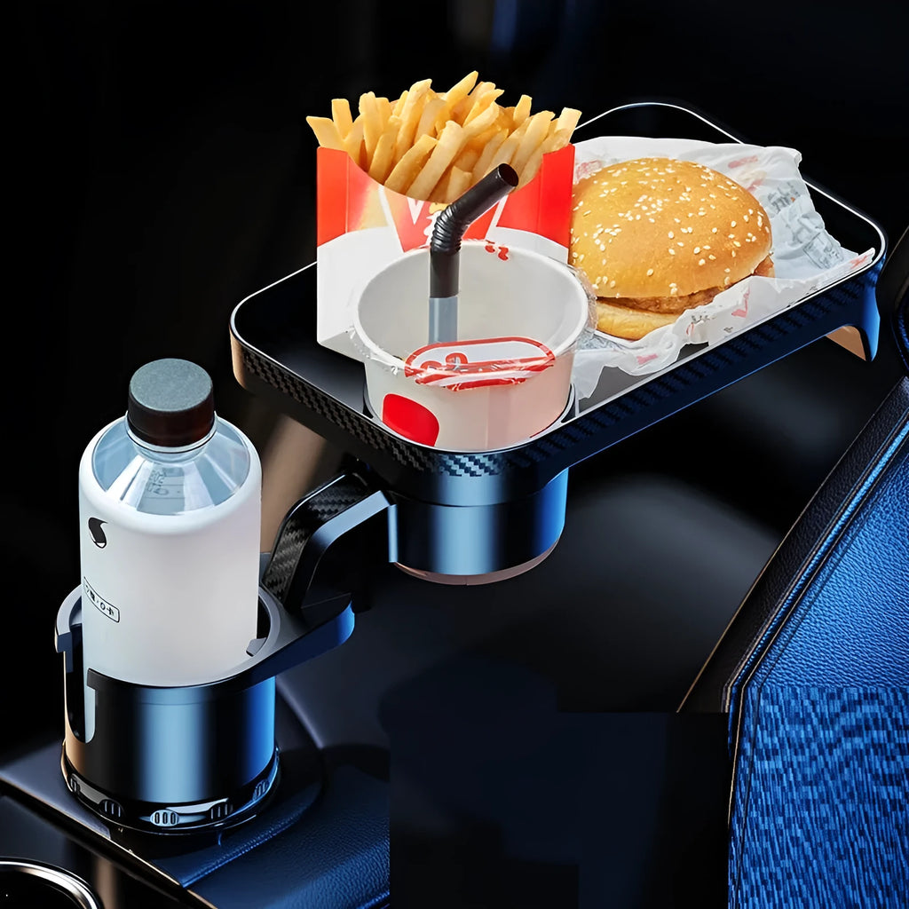 Black ABS plastic car cup holder dinner tray shown rotating, with plate secured.