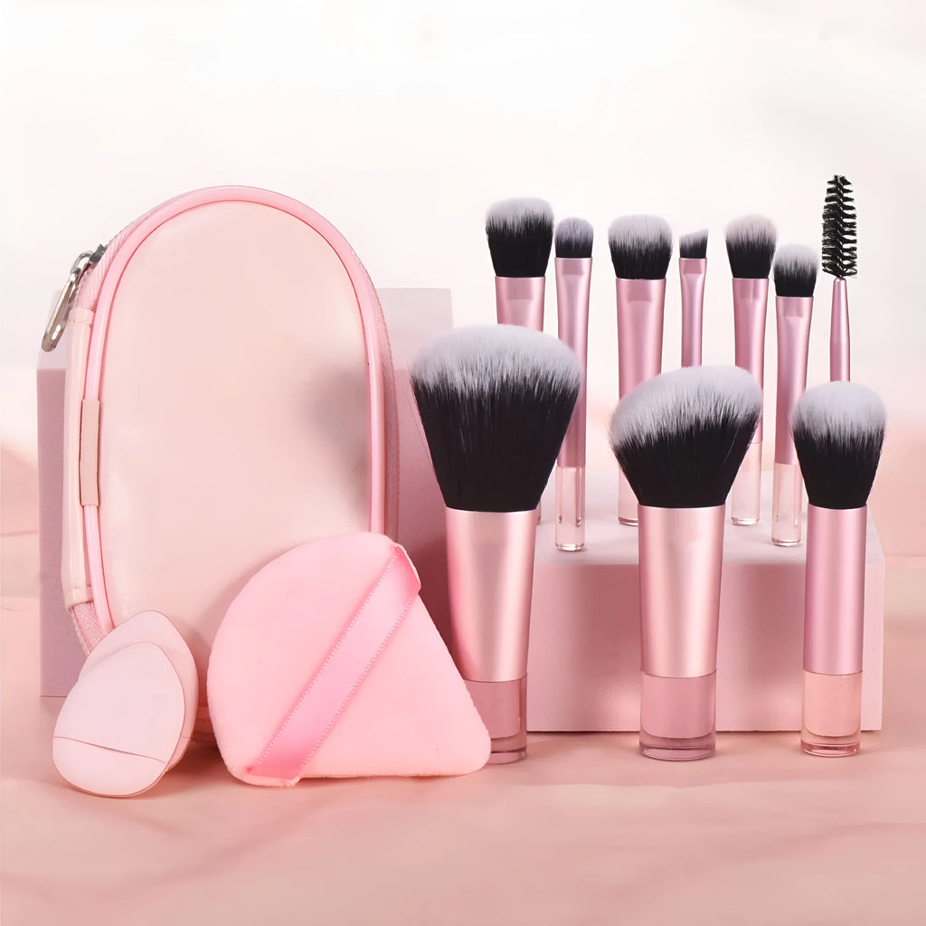 Mini makeup brush set with storage bag, artificial fibre and goat hair bristles, long handle, and air cushion puff