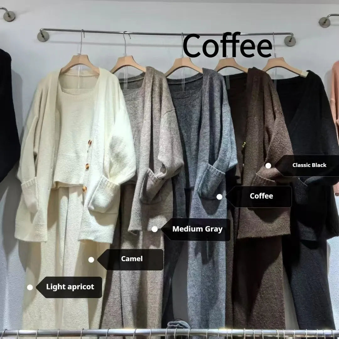 Women's light brown knit cardigan and suspender pants three-piece casual set on a hanger.