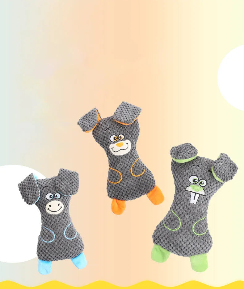 Assorted dog plush bite toys in blue, green, orange with cute animal shapes and squeaker