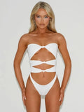 Women's hollow out design one-piece swimsuit in nylon fabric showing three colour options