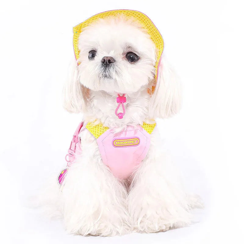 Pink polyester pet vest for small breed dogs on mannequin showing casual design