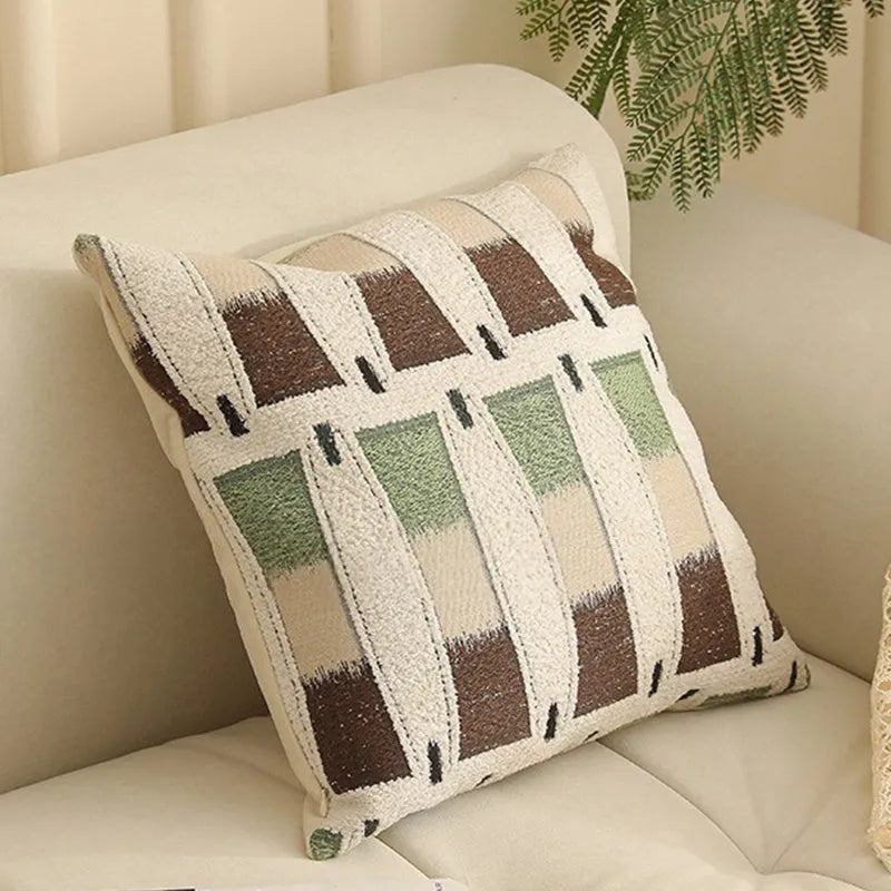 Yarn-dyed jacquard floral pattern cushion cover in 45x45cm size on a grey sofa.