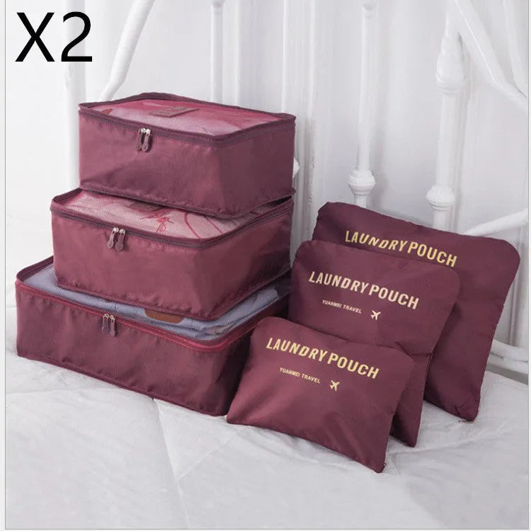6 piece polyester travel storage bag set in hand bag type shape for clothes and cosmetic organisation, various colour options