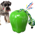 Green plastic apple-shaped dog toy with molar texture, acting as a food-dispensing ball and chew.