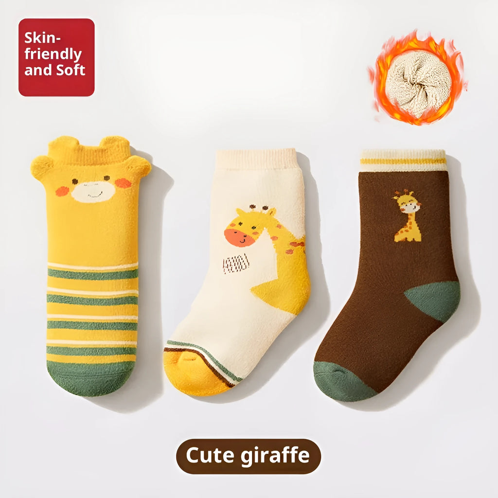 Baby socks with thick thermal construction, wool-lined fur edge, and cute cartoon giraffe print on polyester fibre fabric