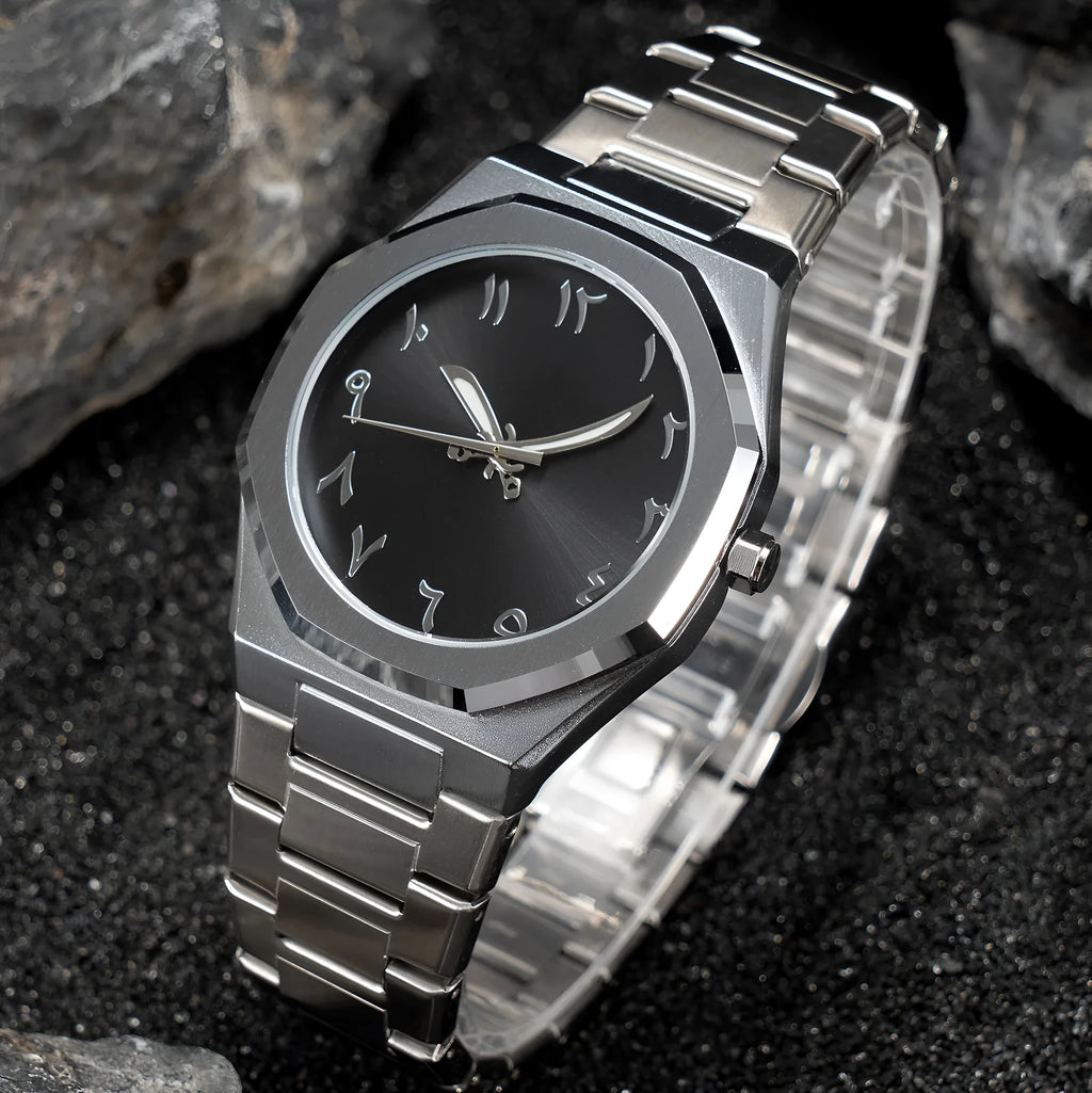 Men's steel band quartz watch with business styling in black, silver, and black silver colour options