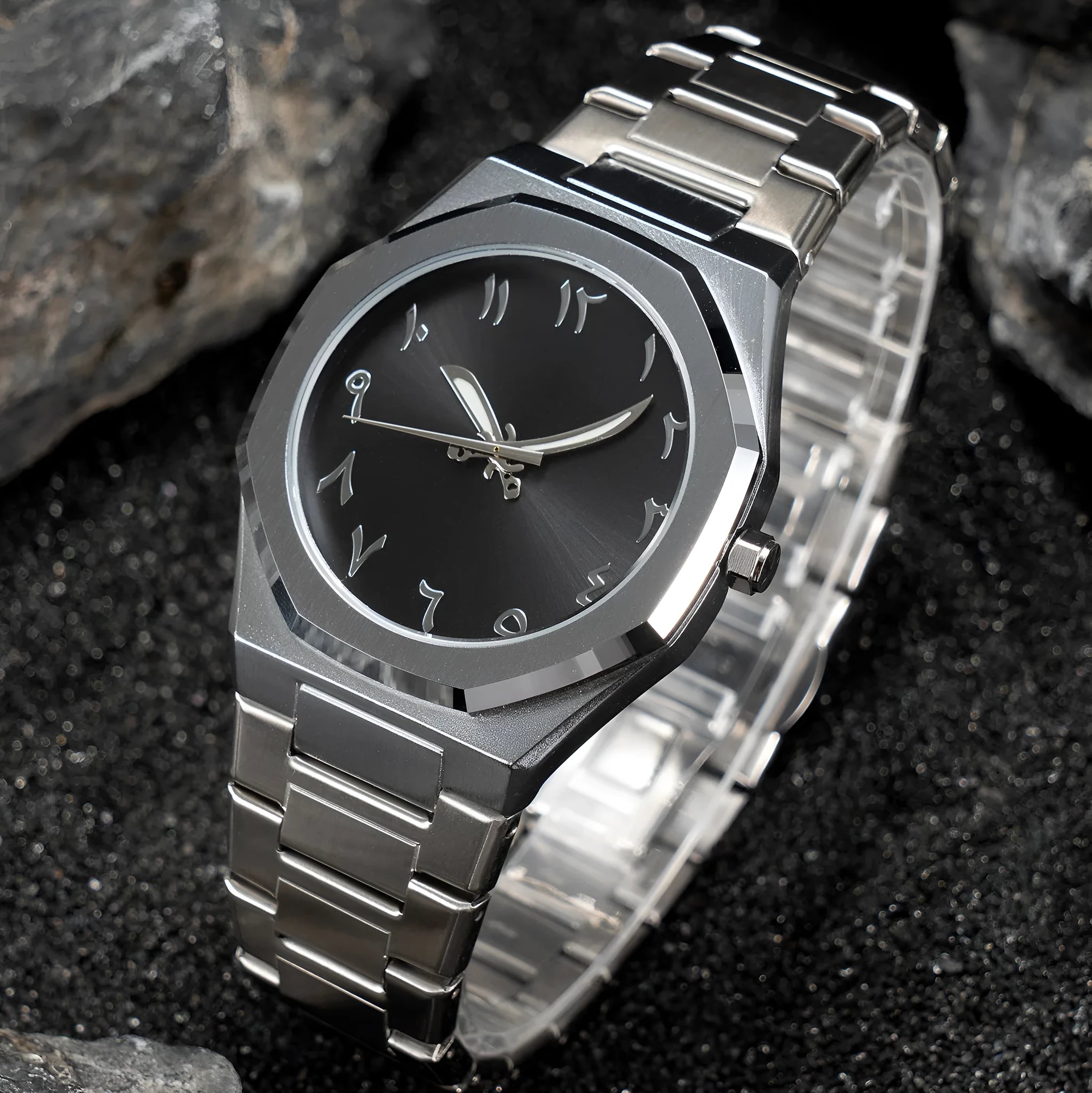 Men's steel band quartz watch with business styling in black, silver, and black silver colour options
