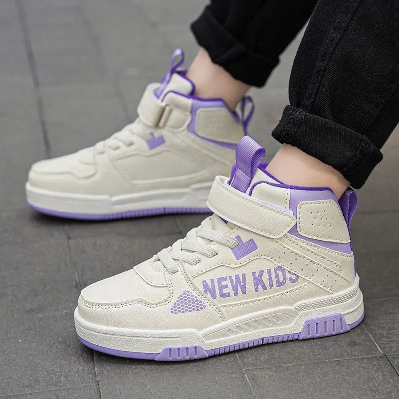 Children's beige green street sneakers with a buckle closure, PU upper, and rubber sole.