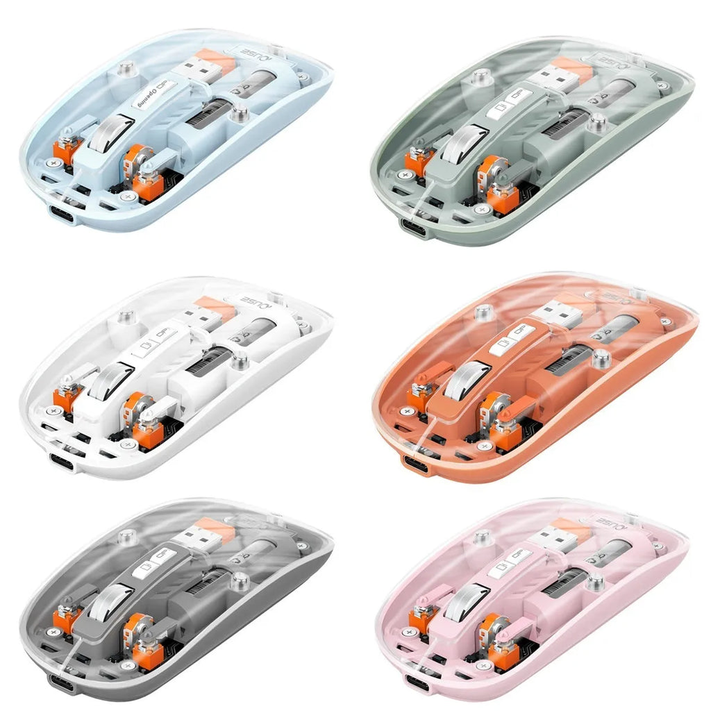 Transparent wireless computer mouse with USB receiver in multiple colour options.