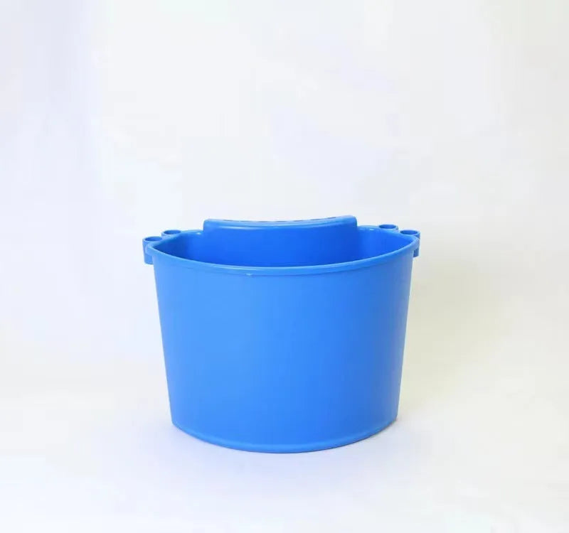 A coloured plastic car wash bucket with a side handle, shown for vehicle cleaning.
