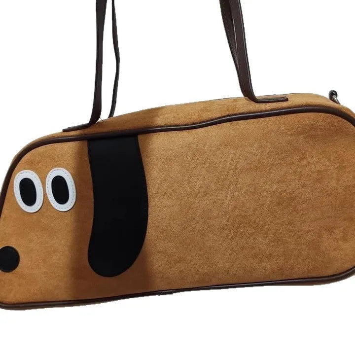 Virtue Pull Sausage Dog cute large capacity crossbody shoulder bag in toast brown cotton