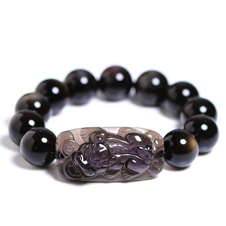 Natural obsidian crystal Pi Xiu bracelet with geometric beads in ice stone colours
