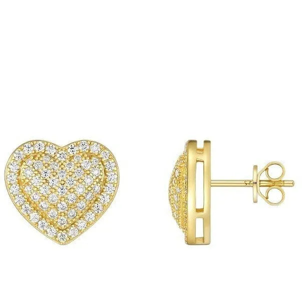 A pair of gold-toned heart-shaped stud earrings with a moissanite stone, made from S925 silver.