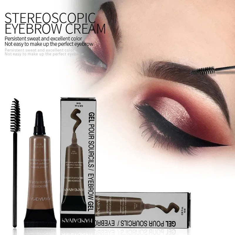 Eyebrow henna gel cream with brush, available in six shades including black and brown, waterproof long-lasting formula