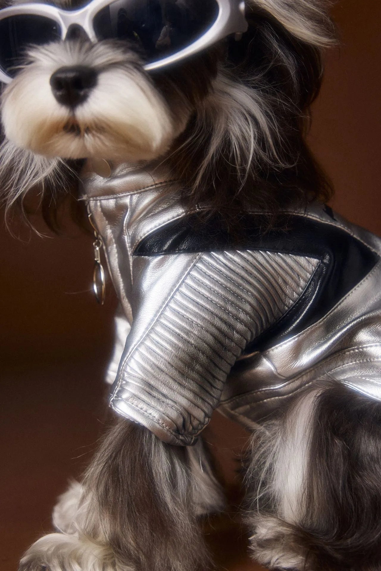 Distressed silver leather pet coat on a dog, size XS to XXL, 50% PU 50% viscose