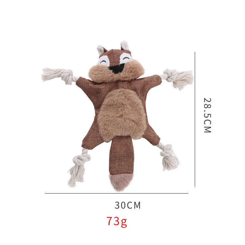 Brown fox-shaped dog toy with embroidered eyes, cotton rope limbs, and crinkle paper body