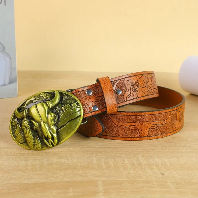 Men's brown imitation leather belt with a detailed electroplated alloy cow head buckle.