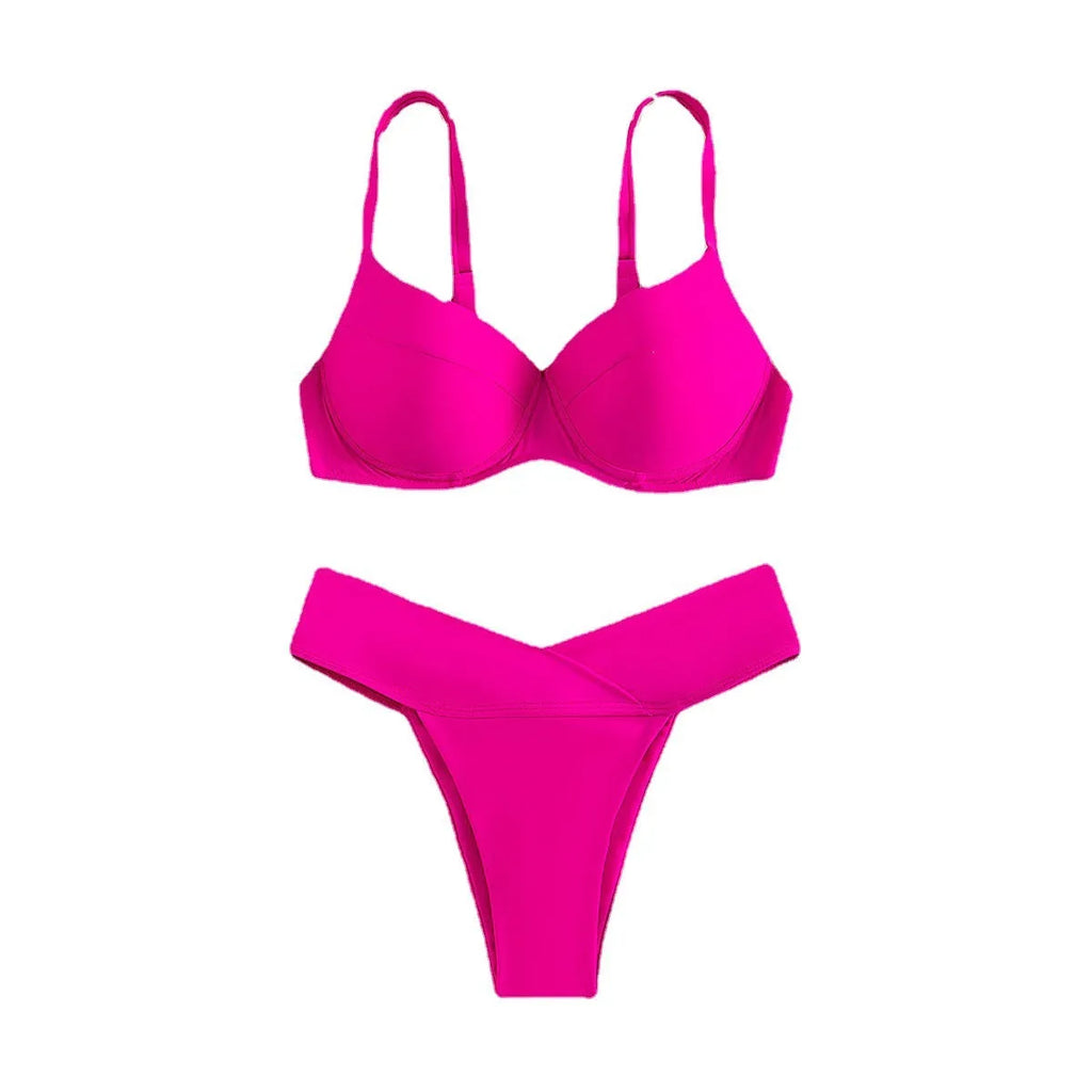 Women's solid colour bikini swimsuit in fluorescent pink, briefs style for swimming