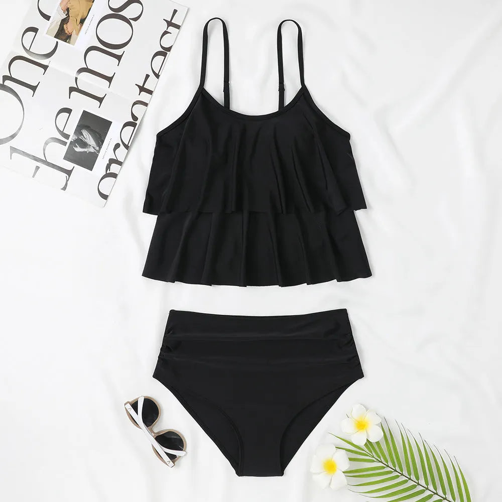 High waist double-layer swimsuit briefs in coconut tree print design with sleeveless cut
