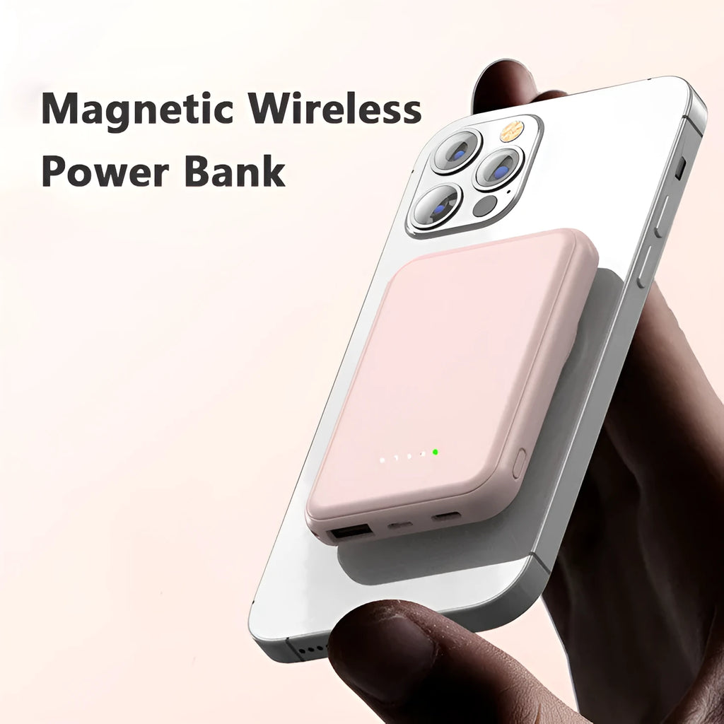 Mini magnetic wireless power bank 5000mAh with LED display and AI cooling in cool black colour on a table