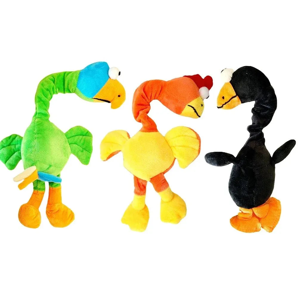 Screaming chicken sound dog chew toy in bite-resistant rubber, black green orange colours