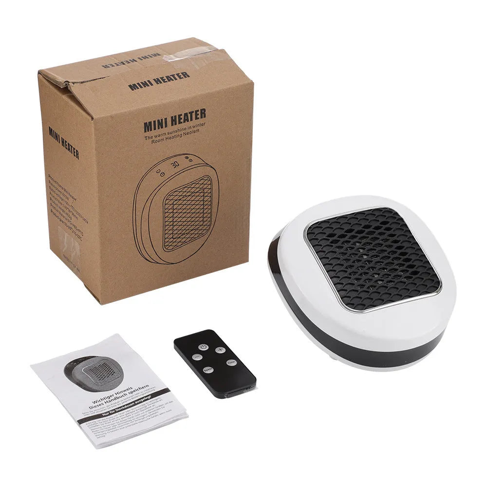 White ceramic electric heating blower with remote control on table