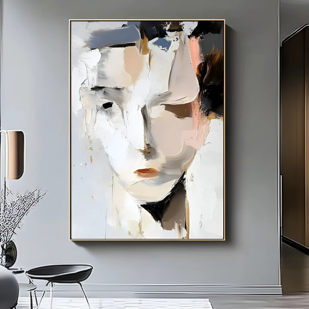Abstract woman portrait hand-painted oil painting on canvas, black and white, modern wall art for living room