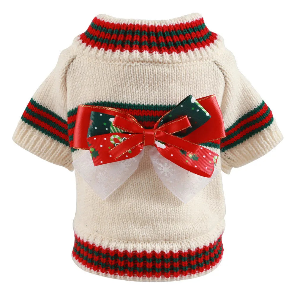Red and green knitted polyester Christmas sweater for dogs and cats on a white background.