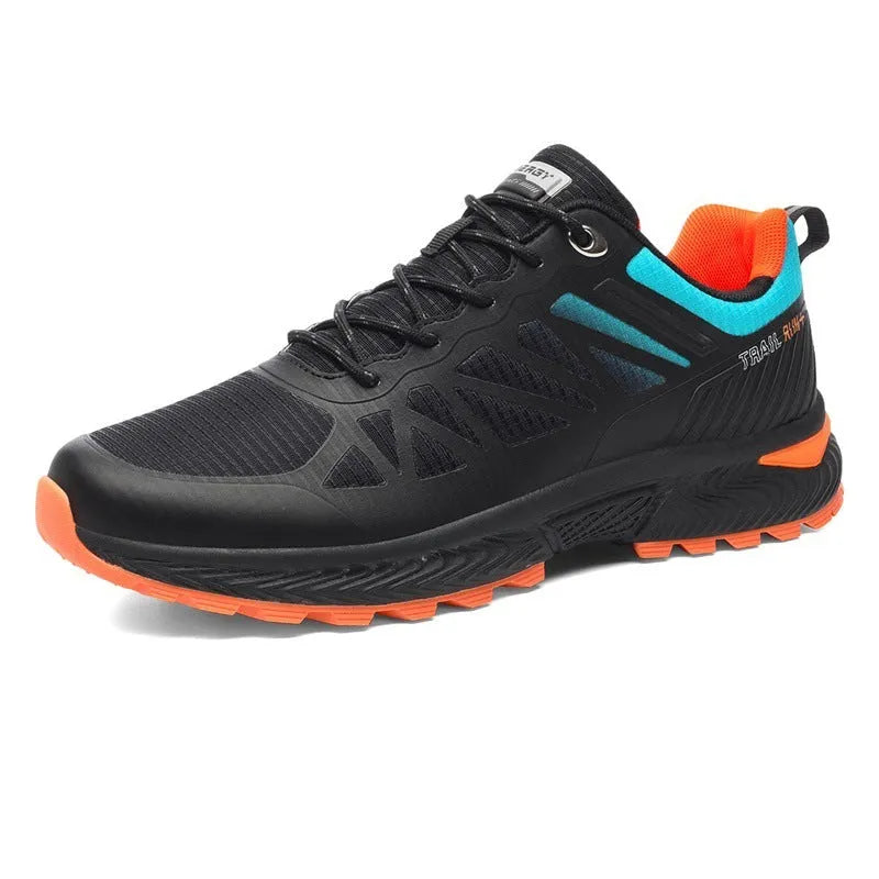 Men's black mesh running shoe with round toe, flat heel, and lace-up front.