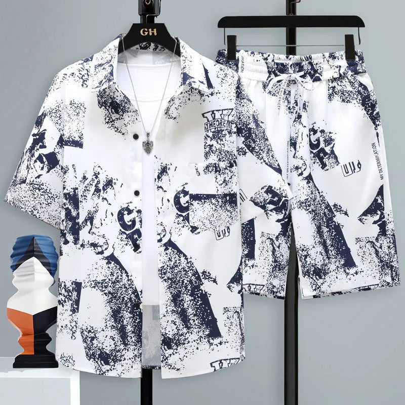 Men's grey casual short sleeve top and matching shorts two-piece set on a hanger.