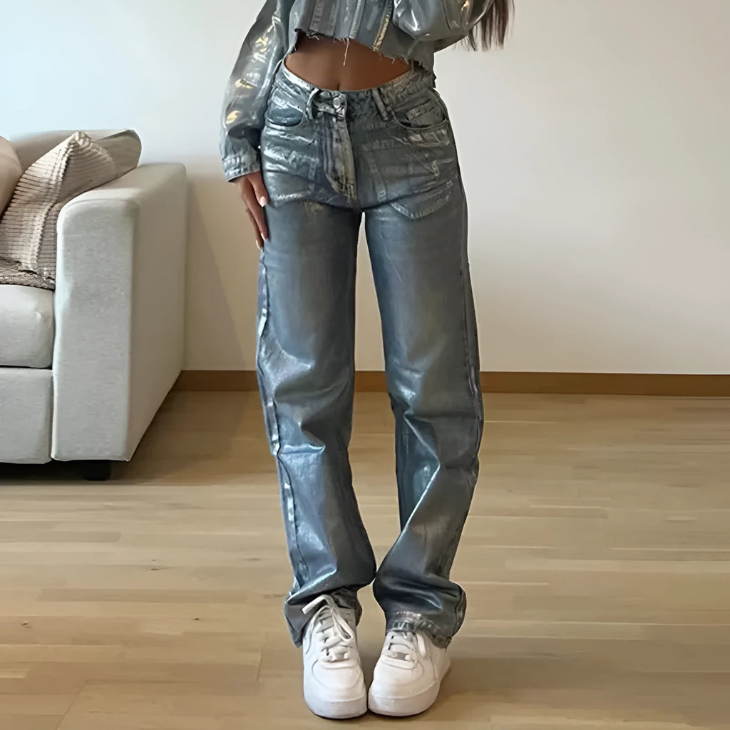 Blue high waist straight leg jeans with contrast details on mannequin