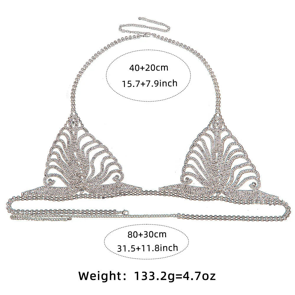 Women's gold and silver body chain set with bra and panty chains on a mannequin