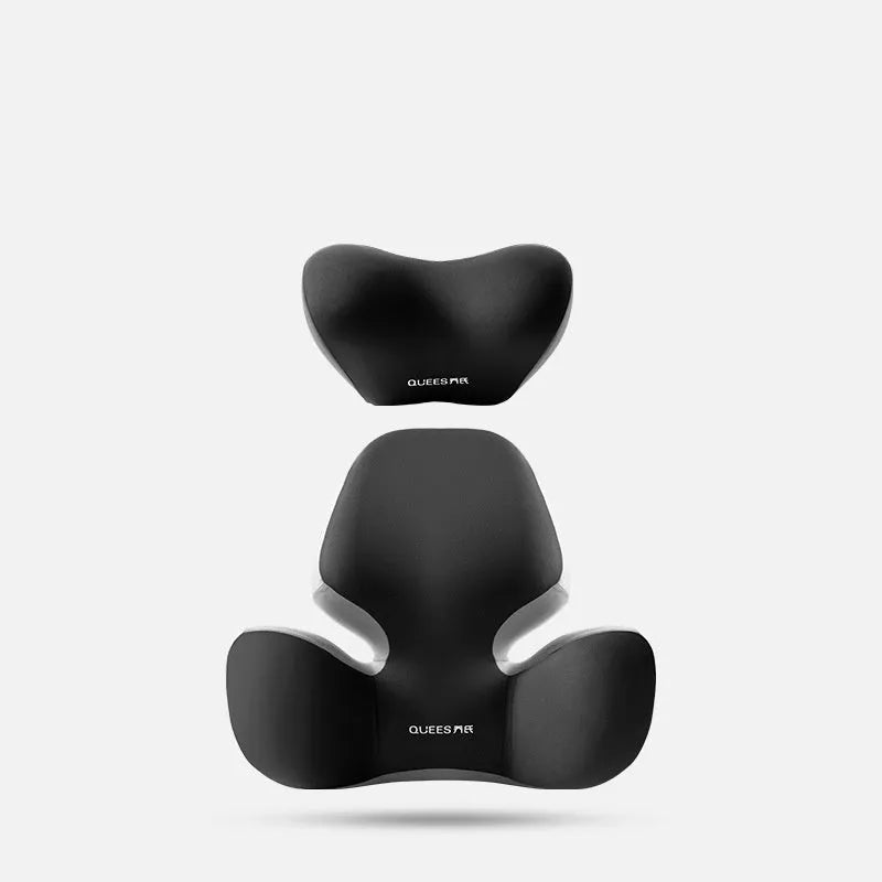 Black and grey memory foam car lumbar support pillow and matching headrest cushion on a car seat.