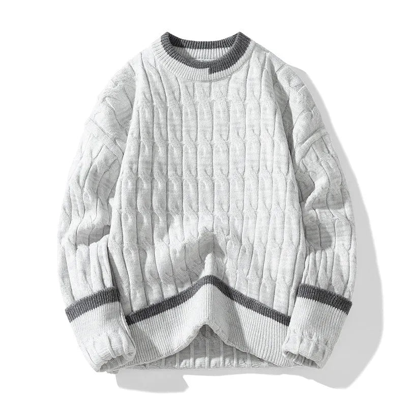 Men's loose fit grey pullover sweater with long sleeves on a hanger.